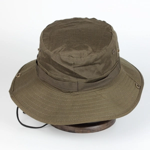 Detail of dark olive green ripstop boonie hat with metal eyelets and adjustable cord