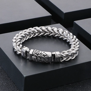 Vintage dragon scale chain bracelet with retro engraved clasp for men in silver finish