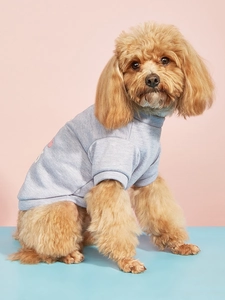 Detail view of a light grey pet t-shirt featuring a pink heart print and ribbed cotton cuffs