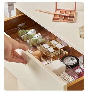 Macro shot of clear acrylic drawer organizer divider with multi-grid storage sections