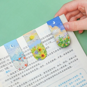 Three oil painting style magnetic bookmarks featuring floral and sky patterns on book pages
