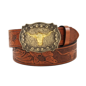 Ceinture western marron en cuir PU avec motif floral et boucle tête de taureau dorée