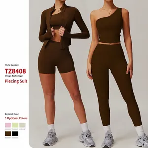 Ensemble de Yoga à une Épaule pour Femmes Top et Bottom Tenues de Gym Slim Fit Veste à Manches Longues Leggings à Taille Haute Avec Poches