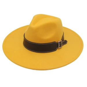 Detail of yellow wool fedora hat featuring wide brim and brown leather belt with metal buckle