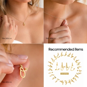 Collage of model wearing cursive gold letter pendants with a full 26-letter collection view