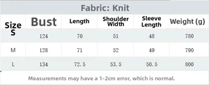 Detailed size chart showing measurements for the asymmetric knit scarf cardigan jacket