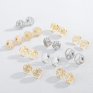 Bohemian stainless steel stud earring set with tree of life and floral designs