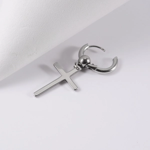 Polished silver stainless steel hoop earring with a flat minimalist cross pendant detail