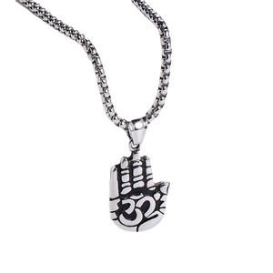 Vintage stainless steel palm pendant with Om symbol on a square link chain