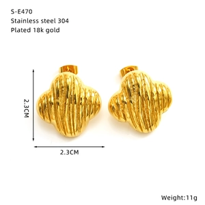 Detail showing 18k gold plated stainless steel clover earrings with ridged texture design