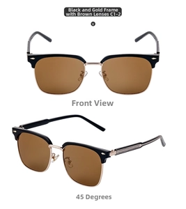 Front and 45-degree angle view of semi-rimless sunglasses with gold metal and tea lenses
