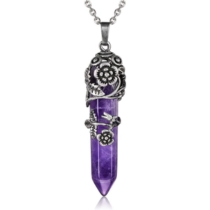 Natural Amethyst hexagonal pendant with vintage silver floral wrap on an O-chain necklace