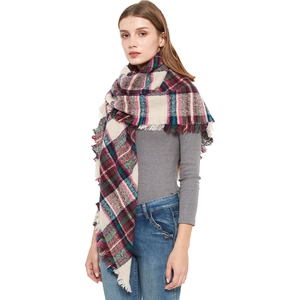 Classic oversized checkered shawl scarf with tassels in beige red and blue plaid pattern