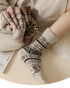 Detailed view of thick wool socks with Nordic ethnic patterns for winter warmth
