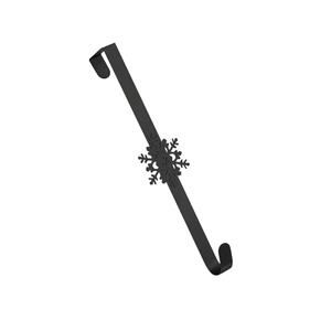 Black metal Christmas wreath door hanger featuring a delicate snowflake design