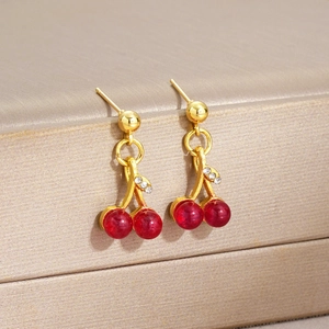 Elegant gold cherry earrings with red beads and sparkling rhinestones for women