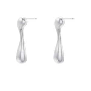 Detailed view of silver liquid metal teardrop earrings with a mirror-finish texture