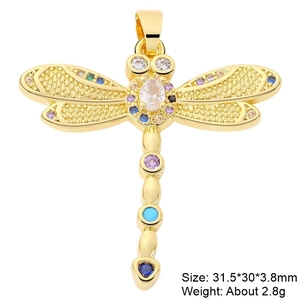 Detailed view of dragonfly pendant with colorful zircon stones measuring 31.5x30mm