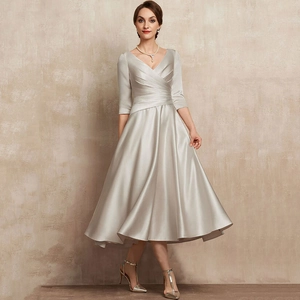 Women V Neck Satin Evening Gown Three Quarter Sleeve Pleated Waist A-Line Midi Dress For Elegant Banquet Party
