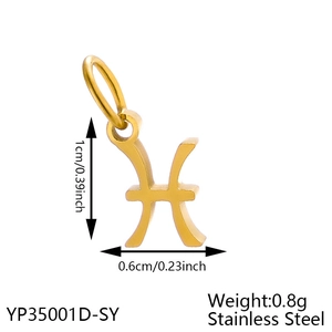 Detailed macro view of 18K gold-plated stainless steel Pisces zodiac pendant with dimensions