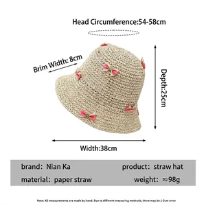 Chapeau de paille d'été avec nœud rose dimensions 54-58cm bord 8cm profondeur 25cm