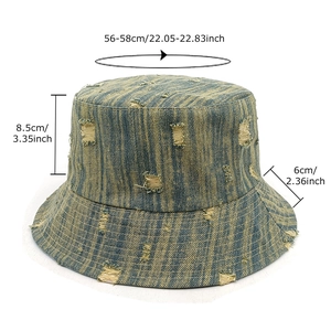 Distressed denim bucket hat with blue and yellow stripes and stylish torn details