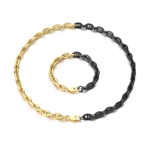 Two-tone gold and black stainless steel anchor chain necklace and bracelet set