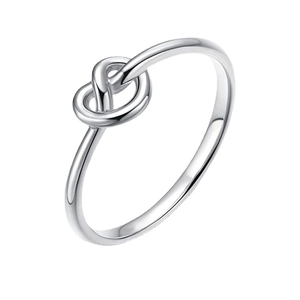 Minimalist stainless steel ring with a polished love knot design on a white background