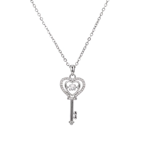 Collier pendentif clé en forme de coeur argenté avec diamant dansant étincelant
