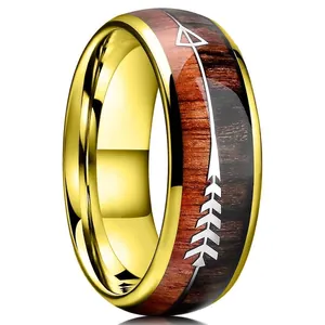 8mm men's stainless steel ring with wood inlay and white arrow pattern on white background