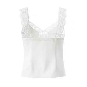 Satin camisole with white lace patchwork and delicate embroidery in minimalist style