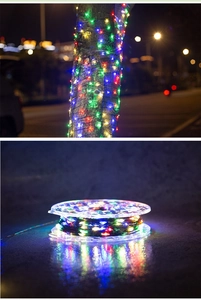 Close-up of colorful LED fairy lights on a storage reel for outdoor garden decoration