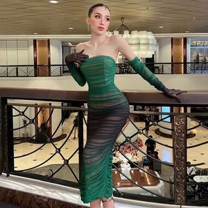 Elegantes grünes Netz-Maxikleid mit Farbverlauf und dazu passenden langen Handschuhen