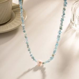 Light Blue Crushed Stone Artificial Pearl Necklace Stainless Steel Natural Style Jewelry For Women Ins Elegant Neckpiece