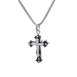 Collier à pendentif croix à trois couches avec chaîne hip-hop en acier noir et argent