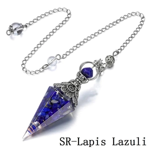 Close-up of lapis lazuli crystal chips inside a hexagonal dowsing pendulum with silver chain