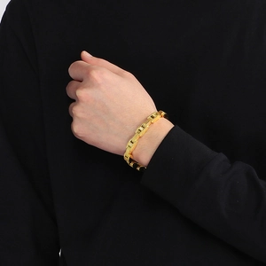 Golden 8mm wide diamond-studded stainless steel watch band style chain bracelet for men and women