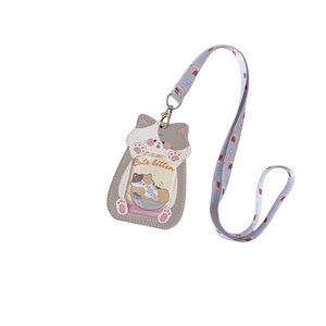 Cute calico cat PU leather ID card holder with matching printed neck lanyard and metal hook