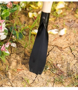 Close-up of a garden transplanter tool with wooden handle inserted in cracked soil