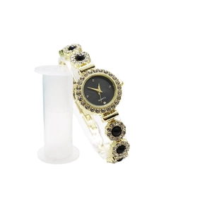 Elegant gold quartz bracelet watch for women with black dial and sparkling rhinestones