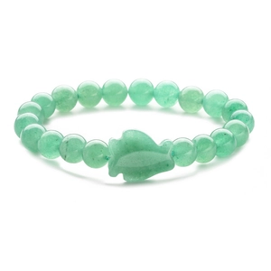 Green aventurine beaded bracelet featuring a delicate silver leaf charm on white background
