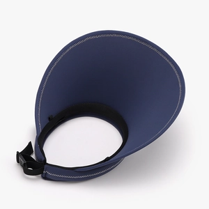 Navy blue breathable open top sun visor with white contrast stitching and adjustable strap