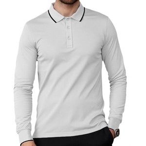 Men's light grey long-sleeved polo shirt with black contrast stripes on collar and cuffs