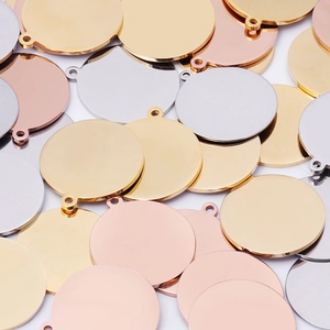 Polished titanium steel blank round pendants in gold, silver, and rose gold finishes