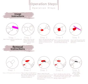 Step-by-step instructions for applying and removing press-on nails with clear illustrations