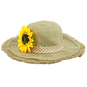 Linen sun hat with wide frayed brim, polka dot ribbon, and yellow sunflower accent