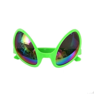 Detail of creative alien sunglasses with neon green frame and rainbow gradient lenses