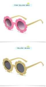 Detailed view of pink and yellow sunflower sunglasses with gradient and black lenses