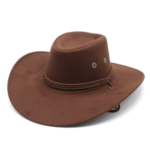 Classic dark brown suede western cowboy hat with woven rope band and wide curved brim