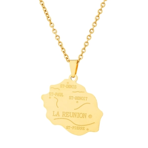Golden Reunion Island map necklace in stainless steel with engraved geographical names